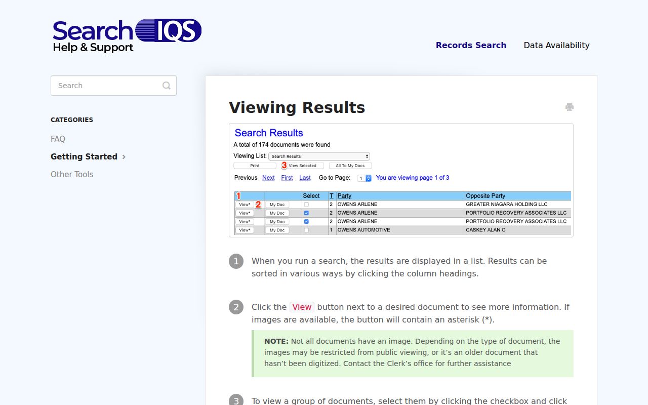 Rome previous residents SearchIQS results and document-image controls